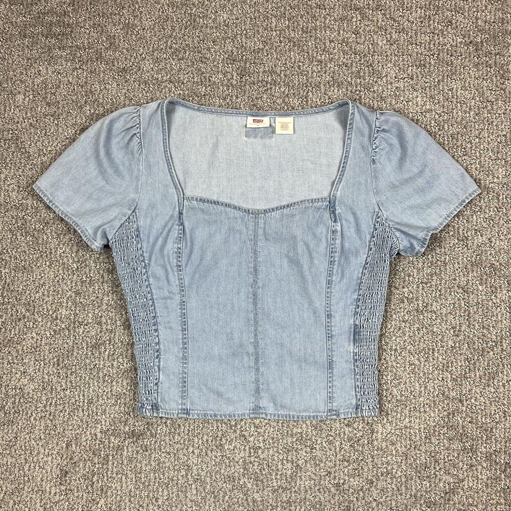Levis Top Womens XS Blue Denim Cropped Smocked Boho Festival Bustier